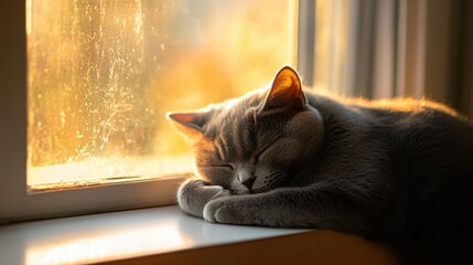 A gray cat curled up in a ball on a warm windowsill,