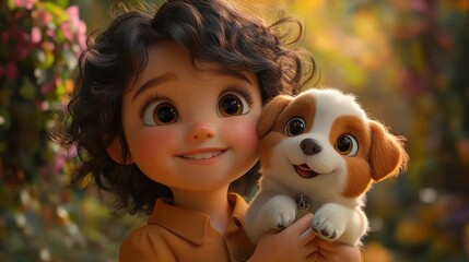 A joyful child holds a cute puppy in a vibrant outdoor setting.