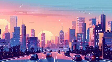 A vibrant, digital cityscape at sunset, showcasing skyscrapers, cars on a road, and a colorful sky blending warm and cool hues.