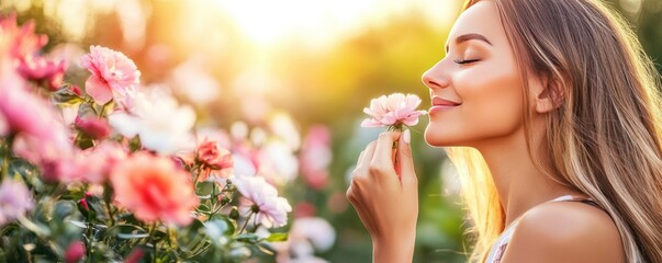 A woman enjoying the scent of flowers in a sunlit garden.