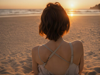 Wall Mural - Woman sitting on the beach.