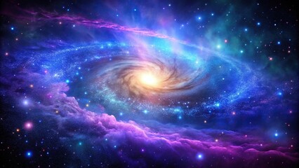 Wall Mural - A majestic galaxy with vibrant purple and blue hues in the center and a bright cluster of stars surrounding it, deep space, stardust, space, star cluster