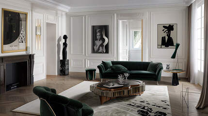 Poster - Modern living room interior design with a deep emerald green velvet sofa, light oak flooring, white walls, and gold accents in the decor for a luxurious touch.