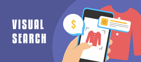 Fototapete - Visual search optimization for eCommerce banner, featuring technology that enhances product discovery. User takes product photo for fast search results. Perfect for boosting eCommerce visibility