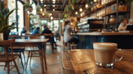 Cup of coffee on a wooden table in a cozy cafe with people in background. Close up of wooden table in coffee shop with cozy atmosphere. Coffee shop and socializing concept for design and print. AIG53.