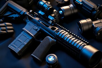 Gun with a silencer placed on a table beside a pair of gloves, capturing the tactical and precise setup associated with controlled environments, symbolizing stealth and professionalism