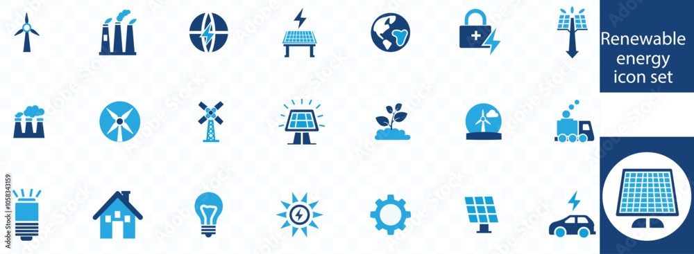 Renewable energy icon set with sunlight, wind, water, fossil fuel, oil ...