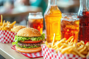 Classic American Fast Food with Burgers and Drinks