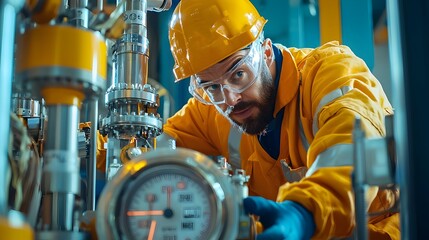 Close up view of a nuclear engineer in protective gear calibrating and inspecting radiation detection instruments and equipment in an industrial laboratory setting