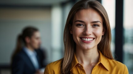 Portrait of attractive young businesswoman in professional casual attire with a happy grin smile long hair