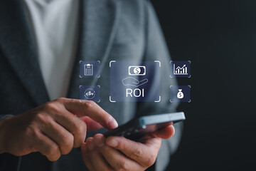 Aufkleber - Analyzing ROI and Business Strategy Concepts. Businessman working on smartphone with various digital icons representing ROI, financial strategies, return on investment, and efficiency. Marketing plan.