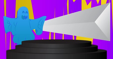Poster - Mockup product display with Ghost. Animation Spooky cylinder pedestal podium. Stage showcase video for Halloween presentation. Moving minimal geometric forms.