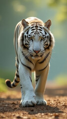 white tiger walks towards the camera, green background