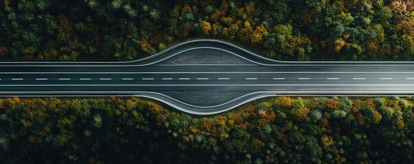 Aerial view of a winding road through vibrant autumn foliage.