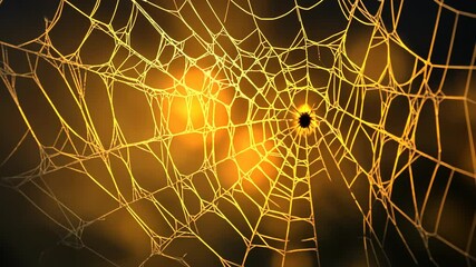 A spider web illuminated by a warm glow from behind at night