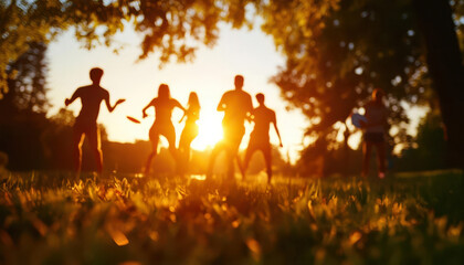 A beautiful and evocative silhouette image of friends playing in a park at sunset