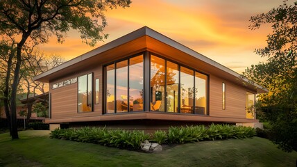 a modern house exterior at sunset with a minimalist design.