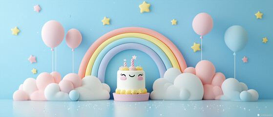 Magical Birthday Party With Rainbow Cake and Clouds.