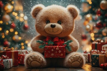 Wall Mural - cute teddy bear holding christmas gifts under christmas tree