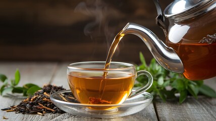 a vintage teapot pouring hot tea into a glass teacup.