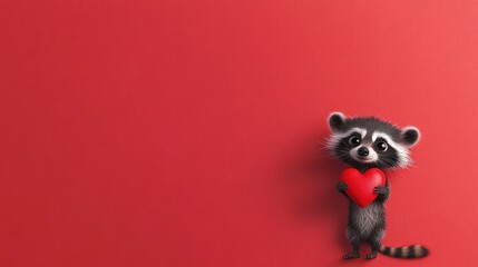 Love is in the Air: Cute Raccoon Celebrates Valentine's Day with Red Heart Greeting Card on Isolated Red Background