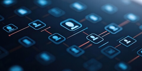 Poster - A futuristic network display featuring interconnected icons representing digital communication and user profiles in a tech environment.