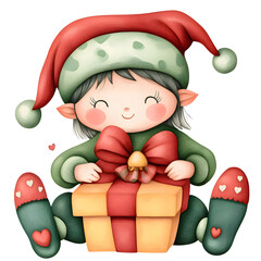 Wall Mural - A cartoon elf is sitting on a box with a red bow on it