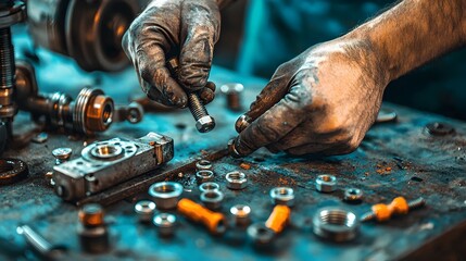 Closeup view of wind turbine fasteners bolts and other mechanical components being inspected and maintained by an engineer s hands  Concept of renewable energy technology industrial engineering