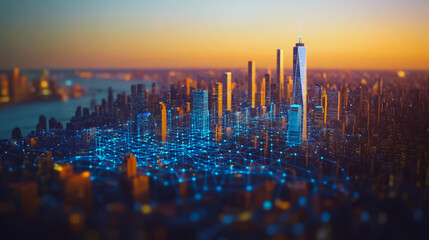 Smart digital Innovation city with connection network reciprocity over the cityscape. of future smart wireless digital city and social media networking systems that connects people with in city	