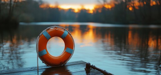 Aufkleber - A bright orange life preserver sits on a wooden dock at sunset. The water is calm and the sky is a mix of orange, yellow and blue.