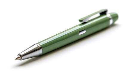 A single green ballpoint pen with a shiny clip, isolated on a clean white background, emphasizing its simple yet stylish design.