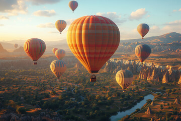 Colorful hot air balloons flying over the landscape at sunset. Cappadocia in Turkey