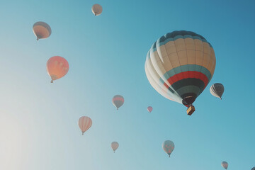 Colorful hot air balloons flying over the landscape at sunset. Cappadocia in Turkey