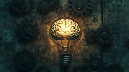 Poster - Brain Concept in Light Bulb with Gears Background