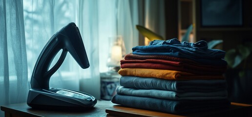 Poster - A cordless phone sits on a table beside a stack of folded clothing.