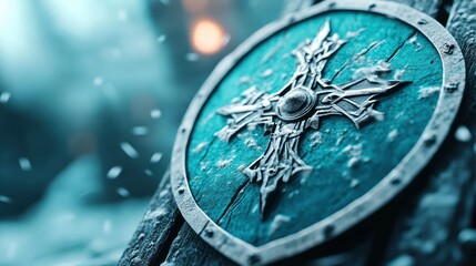 A close up shot of a shield, weathered and worn, signifying the hardship of warfare.