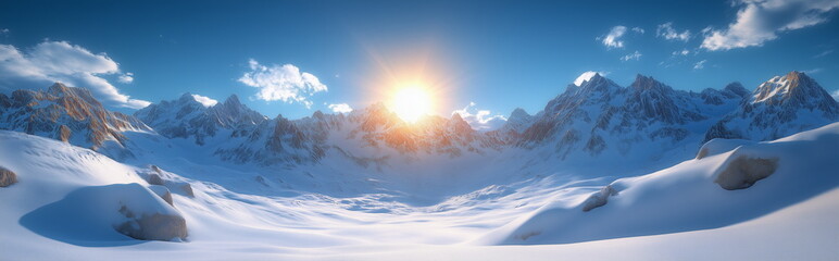Wall Mural - Red sun rising over white snowfields and snow-covered mountains. Sunrise scenery in winter alpine areas. A winter natural landscape with nobody.