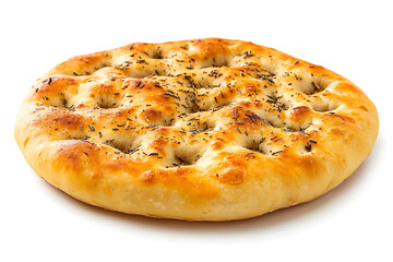 Round focaccia bread seasoned with rosemary and olive oil, showcasing italian culinary tradition