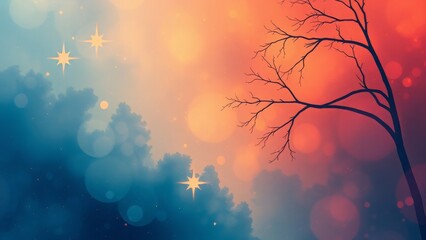 Poster - Dreamy landscape with a silhouetted tree and glowing stars. Mystical and serene atmosphere