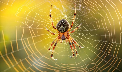 A large, colorful spider sits in the center of its web, with the sun shining through the delicate strands.