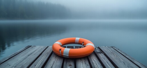 a life preserver sits on a wooden dock overlooking a foggy lake.