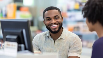 Fototapete - A man with a smile on his face is sitting in front of a computer