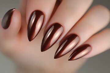 Close-up of a professional hand model with a luxurious brown shade manicure in almond shapes and a metallic finish, set against an elegant beauty salon background