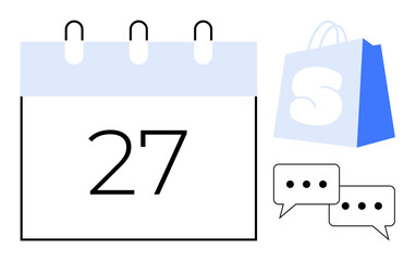 Large calendar date, shopping bag with logo, and two chat bubbles. Ideal for planning, commerce, communication, organization, and business themes. Modern, minimalistic, clean style