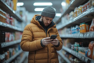 A man standing in a supermarket aisle, looking at his smartphone while shopping