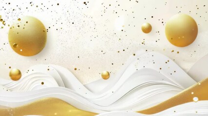 Wall Mural - 3D background with golden circles and white waves glittering dots.