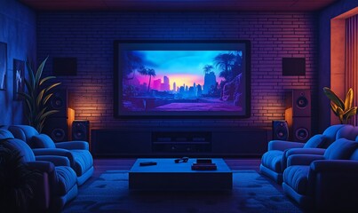 Poster - A retro-styled home theater with a large screen, two armchairs, and a coffee table in front of it. The room is lit by neon lights, giving it a futuristic feel.