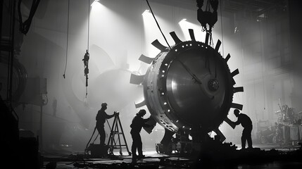 Silhouetted engineers working together to carefully guide a massive industrial turbine engine into position under the bright lights of a hangar workshop