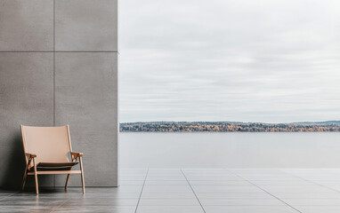 Tranquil lakeside view featuring a modern chair on a solid terrace during cloudy weather