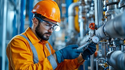 Technician in protective uniform and hardhat performing maintenance and inspection on nuclear reactor cooling system pipeline and controls within an industrial power facility